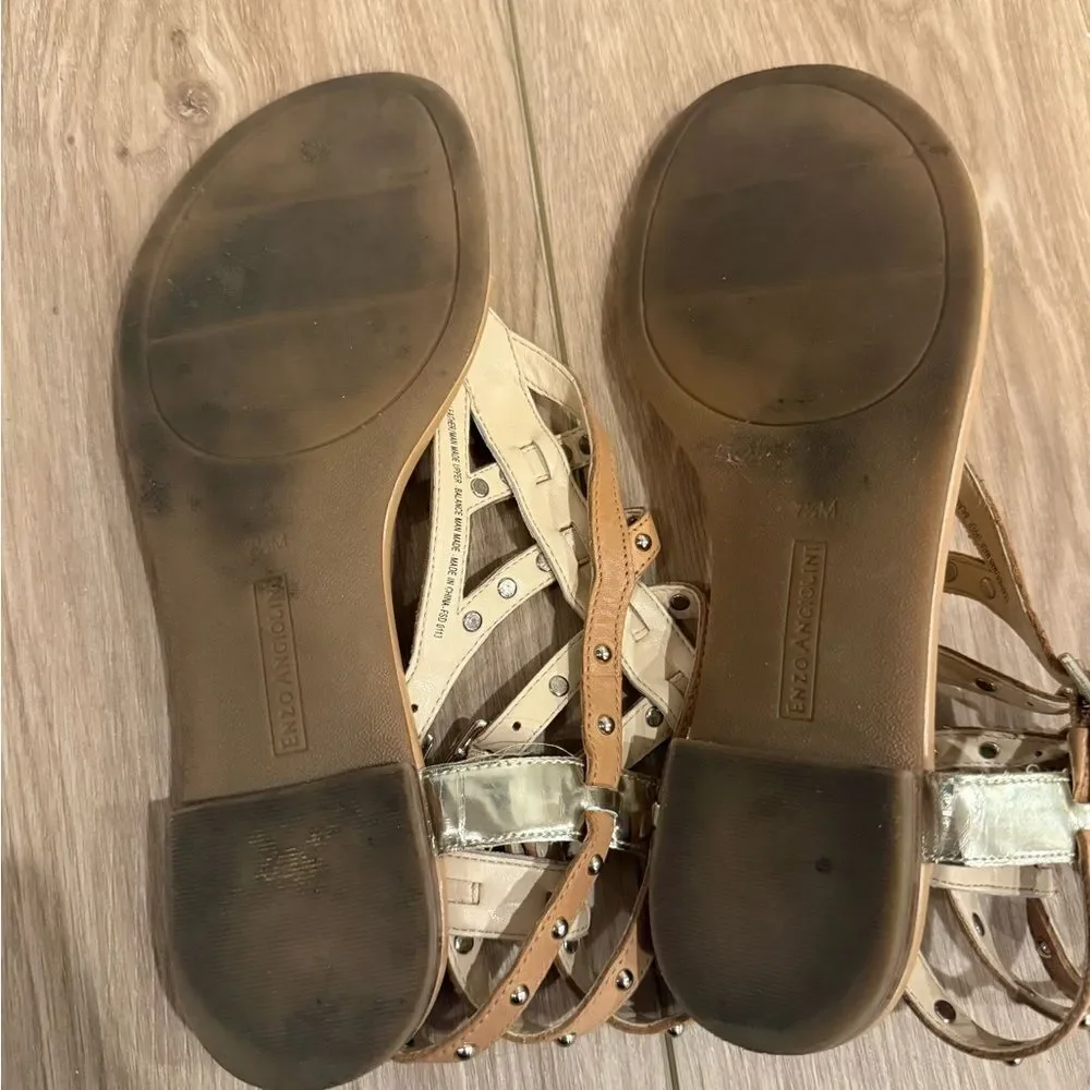 Enzo Angiolini Studded Gold and Tan Gladiator Sandals